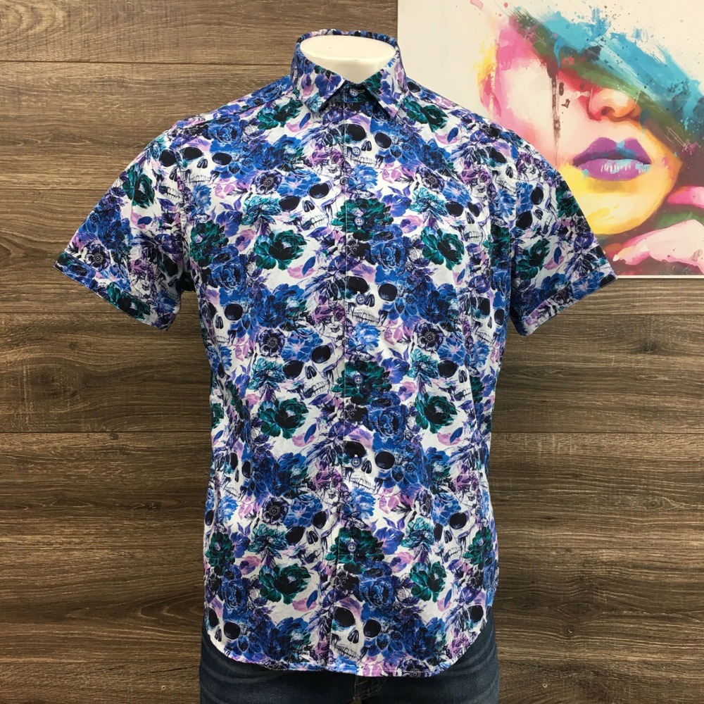 Robert Graham Mens XL Classic Skull Floral Short Sleeve Button Down Shirt Blue